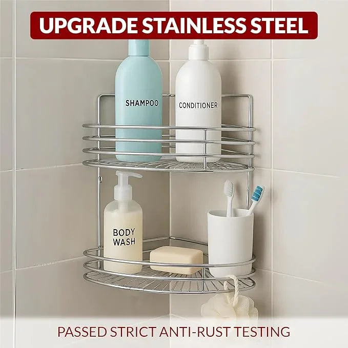 2-Tier Corner Shower Caddy Standing - Sturdy Stainless Steel Bathroom Organizer with 2 Screws and Anchors - Freestanding or Wall-Mounted Caddy - Chrome - ModernBath