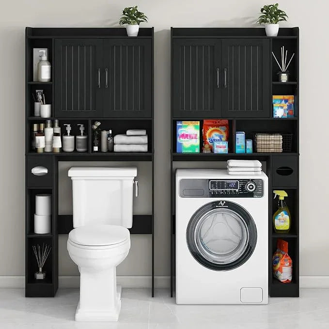 Vabches Over The Toilet Storage Cabinet, Farmhouse Storage Cabinet Over Toilet with Barn Door, Home Space-Saving Toilet Rack, for Bathroom, Restroom, Laundry（Black）. - ModernBath