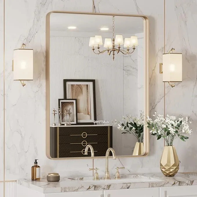 LOAAO 20”X30” Gold Bathroom Mirror, Rounded Rectangle Gold Frame Mirror, Brushed Gold Bathroom Vanity Mirror Wall-Mounted, Anti-Rust, Hangs Horizontally or Vertically - ModernBath