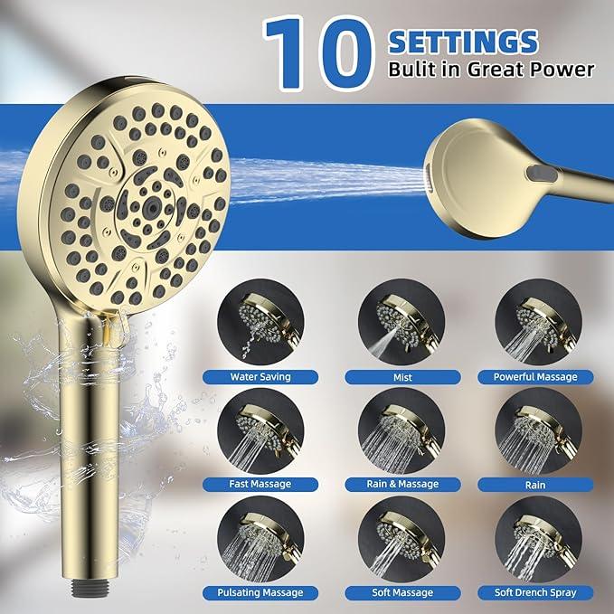All Metal Shower Head, 10" High Pressure Rainfall/Handheld Shower Combo with 11" Extension Arm, 10-Spray Handheld Showerhead, 71" Long Hose, 3-Way Diverter Valve, Shiny Gold - ModernBath