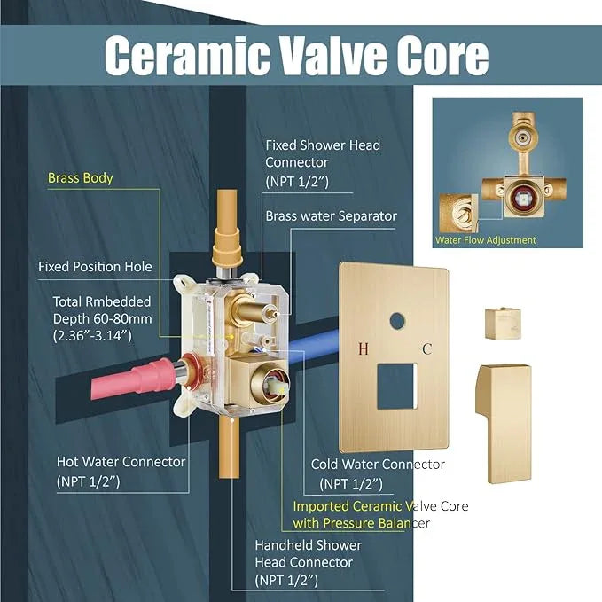 Aolemi Shower Faucet Set Rain Shower System with Handheld Spray Bathroom Shower Combo Rough-in Valve and Shower Trim Kit Included Brushed Gold 12 Inch Wall Mount Shower Head - ModernBath