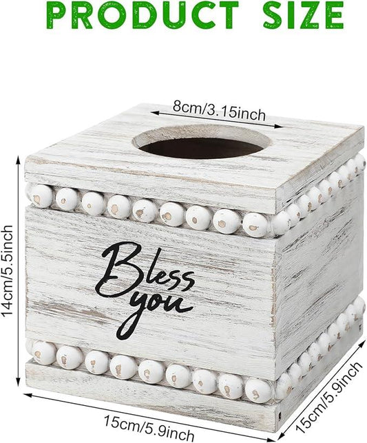 Yiyiring Bless You Beaded Square Tissue Box Cover, Rustic Farmhouse Vintage Wooden Tissue Holder White Box Distressed Napkin Holder for Table Bathroom Decor - ModernBath