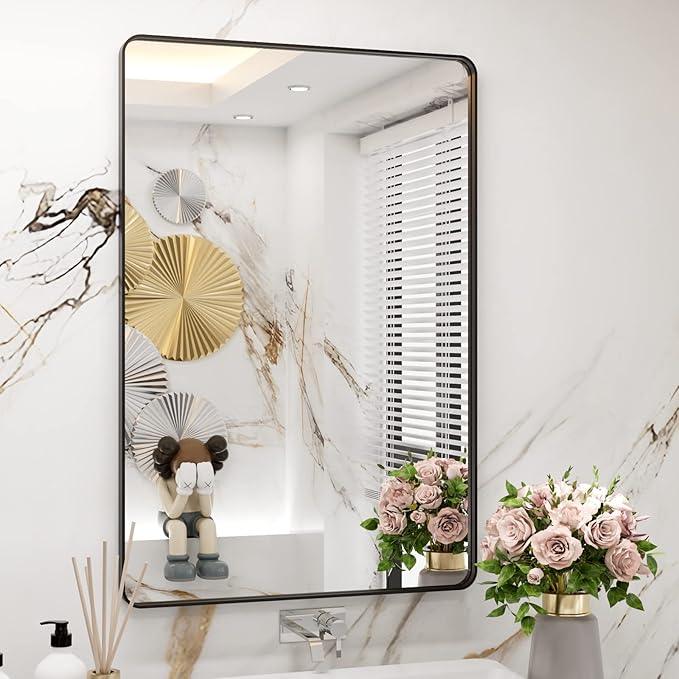 WEER Black Framed Bathroom Mirror, 24X36 Inch Rounded Rectangle Black Bathroom Mirror, Matte Black Bathroom Vanity Mirror for Wall, Anti-Rust, Tempered Glass, Hangs Horizontally or Vertically - ModernBath
