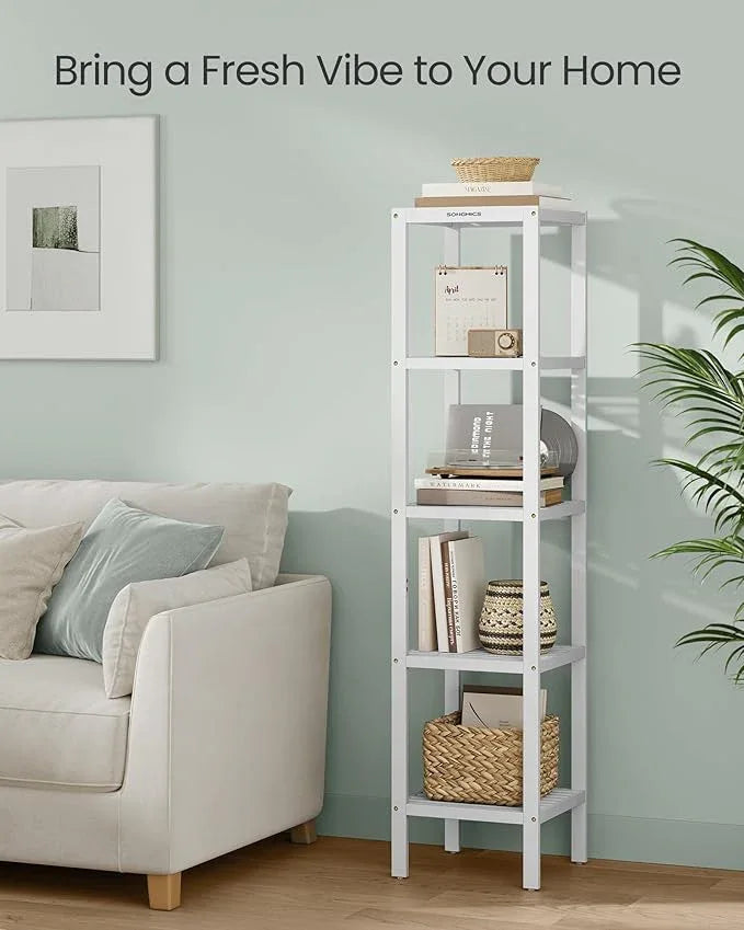 SONGMICS Bamboo Storage Shelf, 5-Tier Shelving Unit, Multifunctional, in The Entryway, Bathroom, Living Room, Balcony, Kitchen, 13 x 13 x 57.5 Inches, Cloud White UBCB055W01 - ModernBath