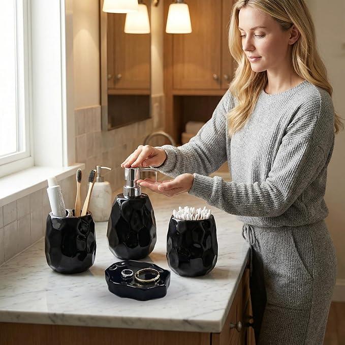 Ceramic Bathroom Accessories Set 4 PCS,Bathroom Toothbrush Holder Set,Soap and Toothbrush Holder Set,Include Toothbrush Holder,Soap Dispenser,Soap Dish,Tumbler,Bathroom Sets Decor Organizer (Black) - ModernBath