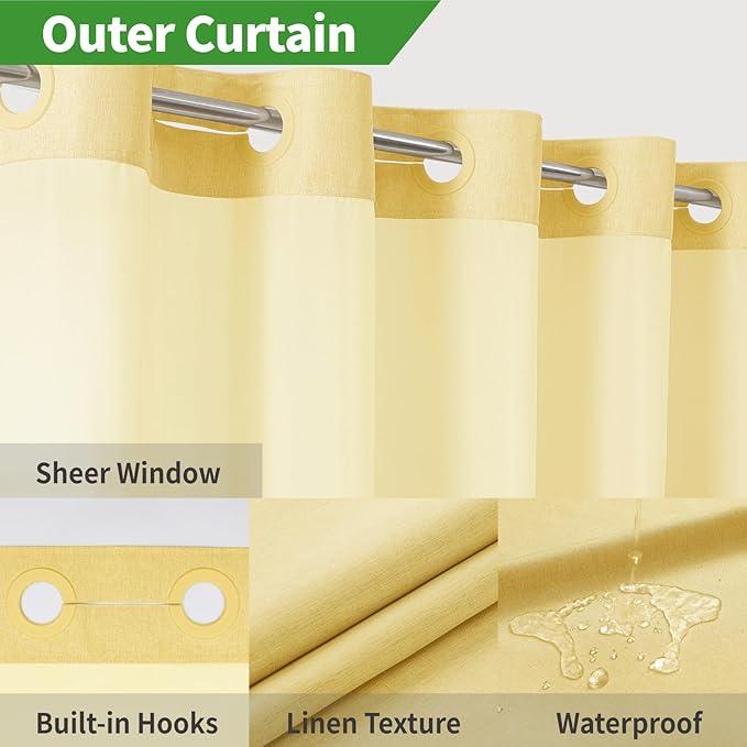 eachope Long No Hooks Needed Linen Textured Shower Curtain with Snap-in Fabric Liner Set,Hotel Luxury Decor Shower Curtains for Bathroom,Waterproof & Washable,71Wx80H,Gold - ModernBath