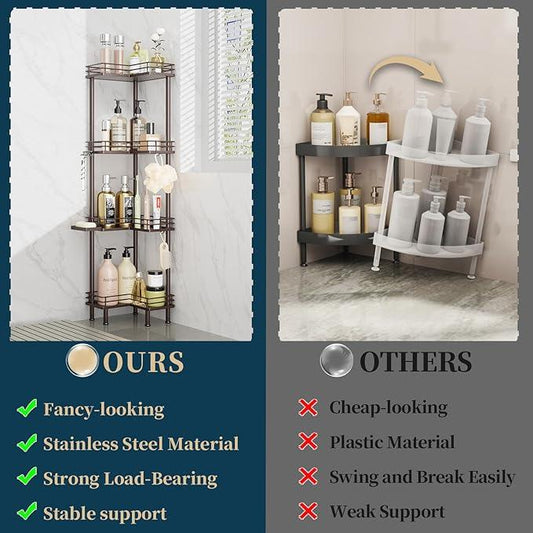 Consumest Corner Shower Caddy Standing - 4-Tier Stainless Steel Shower Organizer with Soap Holder and 4 Hooks, Large Capacity Corner Shelf Stand for Bathroom, Rest Room, Bronze - ModernBath