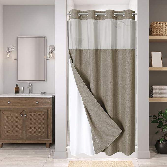 eachope Stall No Hooks Needed Linen Textured Shower Curtain with Snap-in Fabric Liner Set,Hotel Luxury Decor Farmhouse Shower Curtains for Bathroom,Waterproof & Washable,54Wx80H,Khaki/Tan - ModernBath
