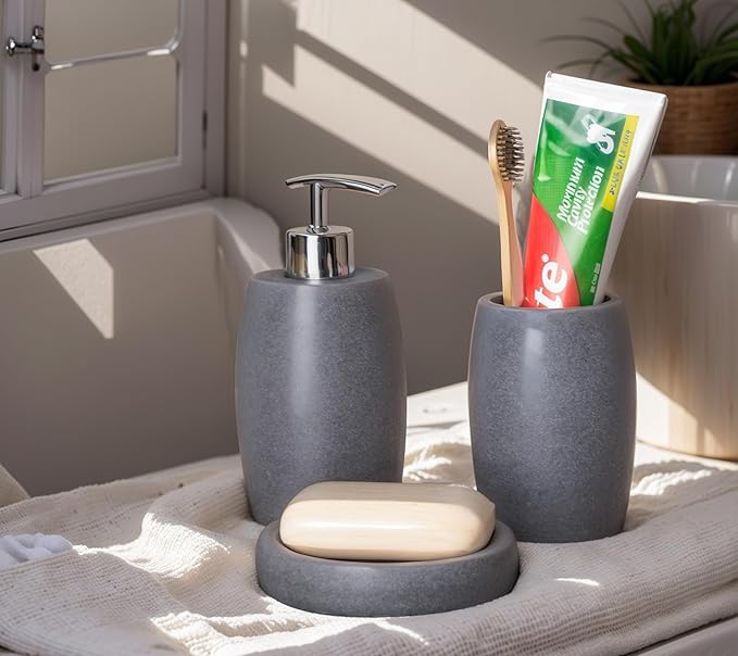 Clasin Home Grey Bathroom Accessories Set 3 PC, Resin Sandstone Look Soap Dispenser, Toothbrush Cup, Soap Dish, Bathroom Soap Dispenser Set for Home Decor and Kitchen - ModernBath