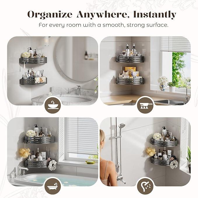 Corner Shower Caddy Suction Cup,Shower Shelves with Hooks,No Drilling Powerful Suction Bathroom Organizers and Storage,Removable Waterproof Rustproof Shower Bathroom Accessories Decor(Grey 3Pack) - ModernBath