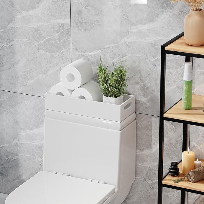 VITVITI Bamboo Toilet Paper Holder Storage, Bamboo Tray for Bathroom with Handle, Toilet Tissue Holder Organizer Basket Container for Toilet Tank/Kitchen Counter, Natural, White - ModernBath