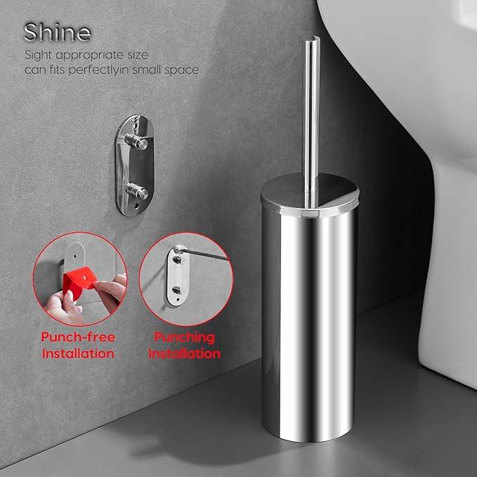 Toilet Brush and Brush Holder, Stainless Steel No-Punch Hook Base Dual Purpose Toilet Brush Holder with Removable Inner Bucket and Splash Cover - Soft Bristles (Chrome) - ModernBath