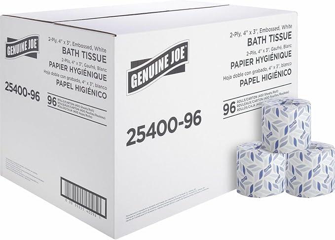 Genuine Joe Standard Bath Tissue, 3" x 4", 2-Ply, 400 Sheets/Roll, 96 Count - ModernBath