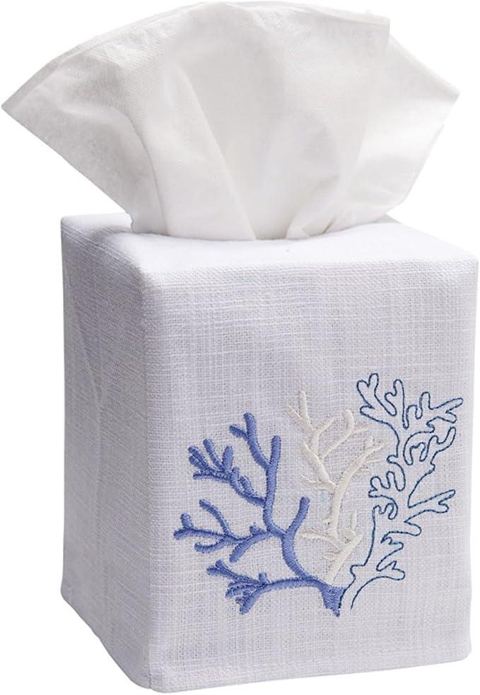 Jacaranda Living Square Tissue Box Cover, Linen/Cotton Fabric Tissue Holder, Decorative Cloth Tissue Cube Cover, Coastal Designs Coral, Blue - ModernBath