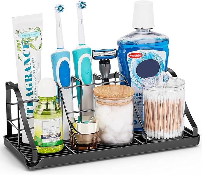 Bathroom Countertop Organizer - Detachable 7 Slots Kids Electric Black Toothbrush and Toothpaste Holder Drainage Tray for Bathroom Accessories Organization Counter Vanity Sink Storage - ModernBath