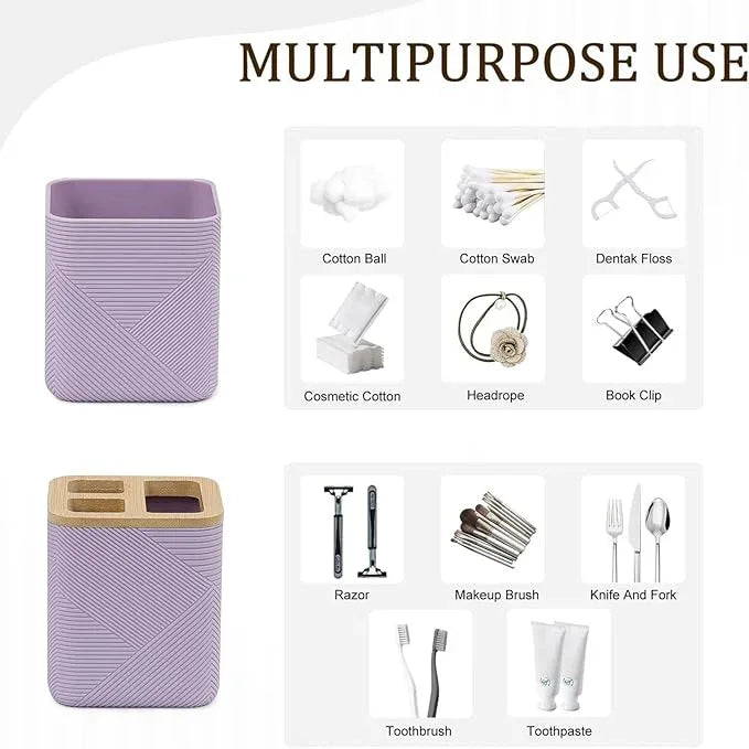 CERBIOR Bathroom Accessories Set 6 Piece Bamboo Bath Ensemble Includes Soap Dispenser, Toothbrush Holder, Toothbrush Cup, Soap Dish for Decorative Countertop and Housewarming Gift (Purple) - ModernBath