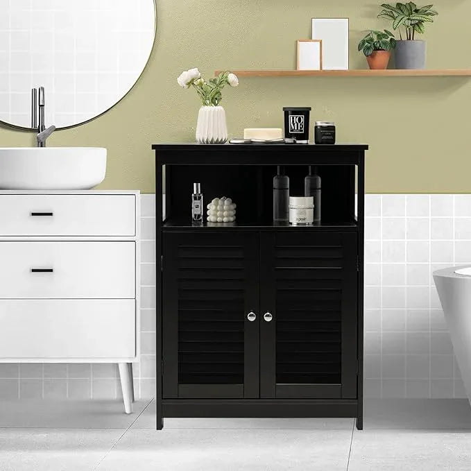 LDAILY Bathroom Storage Cabinet, Freestanding Organizer With Double Shutter Doors, Adjustable Shelf, Wooden Floor Cabinet for Kitchen, Entryway (Black) - ModernBath