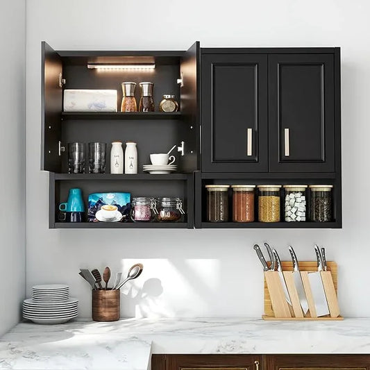Black Wall Cabinet 23x29 inch for Bathroom Laundry Room Bedroom Kitchen Wood Medicine Cabinet, DIY Lighting, Soft-Close Hinge, 2 Door,Above Toilet Storage - ModernBath