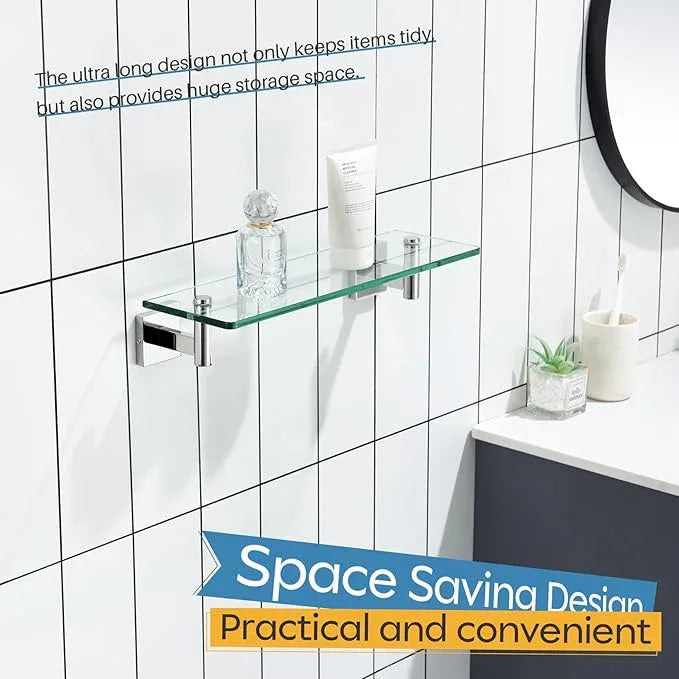 KOKOSIRI Bathroom Shelves Wall Mounted Floating Glass Shelf Polished Stainless Steel 16-Inch Hanging Rack for Storage/Room Decor 2 Pack B1105CH-L16-P2 - ModernBath
