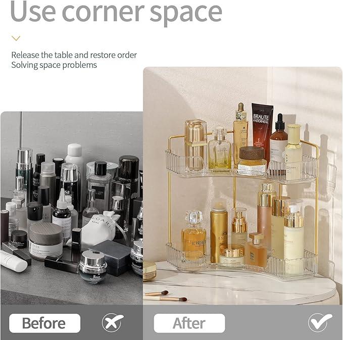 INVSSENE Corner Bathroom Countertop Organizer, Vanity Trays for Counter, Makeup Organizers, Perfume Tray, Kitchen Spice Rack, (Clear, 2 Tiers) - ModernBath