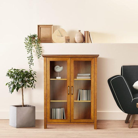 Teamson Home Avery Wooden Freestanding Floor Cabinet with 2 Adjustable Shelves 3 Storage Spaces 2 Glass Paneled Doors and 2 Antique Brass Knobs, Oiled Oak - ModernBath