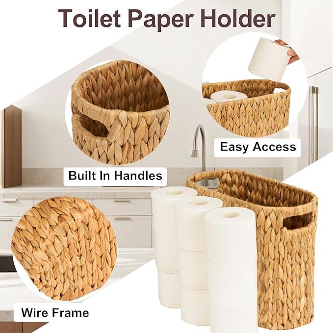 FairyHaus Wicker Toilet Paper Storage Basket with Buit-in Handles, 9 Rolls Natural Water Hyacinth Toilet Paper Holder Stand with Storage, Freestanding Handwoven Toilet Paper Holder Basket for Bathroom - ModernBath