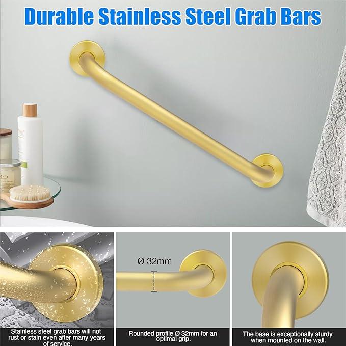 ROTHLEY 18 Inch Grab Bar for Bathtubs and Showers: Stainless Steel Shower Grab Bar Wall Mounted Shower Handle with Concealed Screws Anti Slip Saft Handle for Elderly Seniors (Brass) - ModernBath