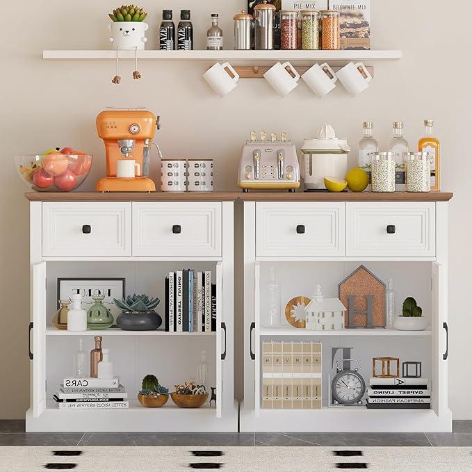 Vabches Farmhouse Buffet Sideboard with Drawers, Wood Pantry Cabinet with Storage, Rustic Storage Cabinet with Adjutable Shelf and Barn Door for Kitchen, Dining Room, Living Room, White - ModernBath