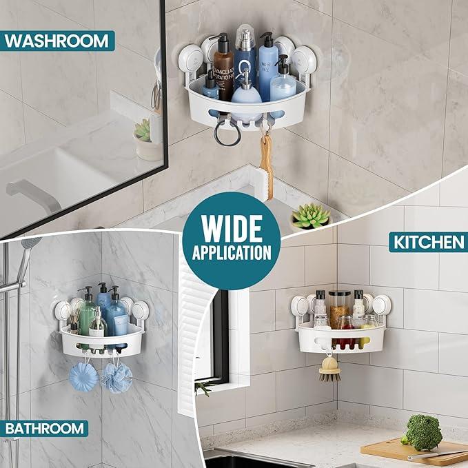 TAILI Corner Shower Caddy with Suction Cups, Wall Mounted Organizer Plastic Rack for Small Bathrooms, Kitchen, Removable Drill-Free Heavy Duty Shelf Basket, White - ModernBath