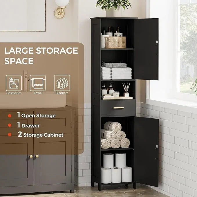 Homhedy 67"H Tall Bathroom Storage Cabinet with Rattan Decorated Door and Drawer, Narrow Storage Unit, Adjustable Shelves, Floor Cabinet for Bathroom, Living Room, Kitchen, Black and Natural, (15.7"W) - ModernBath