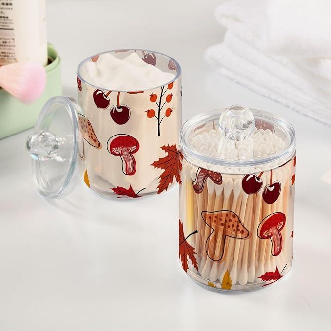 Tatenale Qtip Holder Bathroom Set Q tip Cotton Ball Swab Pad Dispenser Container Organizer Plastic Jars with Lids Storage 2Pack Fall Leaves Rowanberry and Mushroom - ModernBath