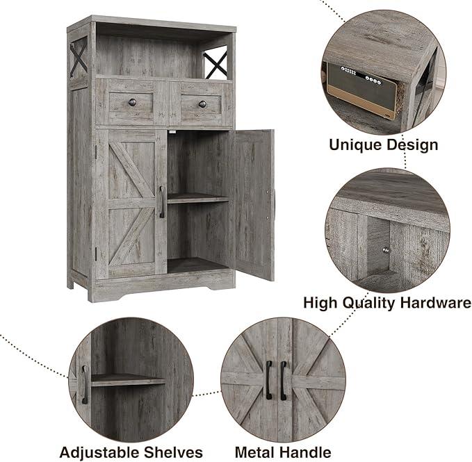Small Farmhouse Storage Cabinet with Barn Doors, Farmhouse Kitchen Pantry Cabinet, Tall Coffee Bar with Storage, Hutch Cupboard for Kitchen, Laundry, Living Room, Washed Grey - ModernBath