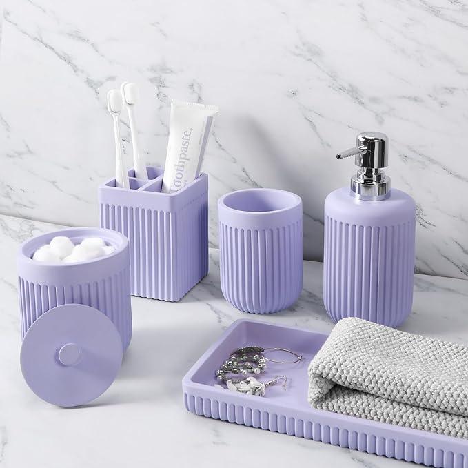 XLHOMO Resin Light Purple Bathroom Accessories Set 5 Pcs, Lotion Soap Dispenser, Toothbrush Holder, Bathroom Tumbler, Qtip Holder and Vanity Tray, Bathroom Countertop Organizer Set for Home Apartment - ModernBath