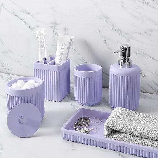 XLHOMO Resin Light Purple Bathroom Accessories Set 5 Pcs, Lotion Soap Dispenser, Toothbrush Holder, Bathroom Tumbler, Qtip Holder and Vanity Tray, Bathroom Countertop Organizer Set for Home Apartment - ModernBath