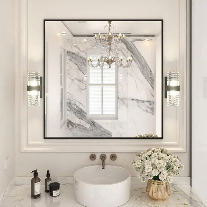 LOAAO 36"X36" Black Rectangle Bathroom Mirror Wall, Matte Black Aluminum Alloy Frame, Tempered Glass, Hangs Vertically or Horizontally, Easy to Install - ModernBath