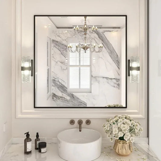 LOAAO 36"X36" Black Rectangle Bathroom Mirror Wall, Matte Black Aluminum Alloy Frame, Tempered Glass, Hangs Vertically or Horizontally, Easy to Install - ModernBath