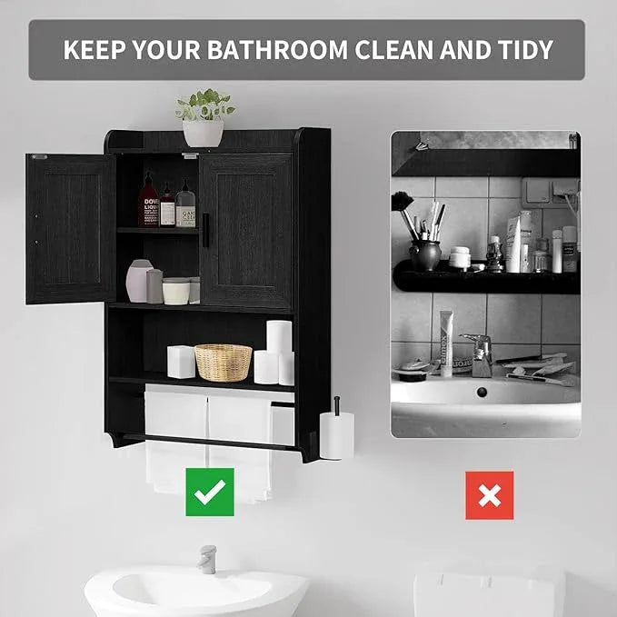 Bathroom Wall Cabinet, Wooden Medicine Cabinet Over the Toilet with Adjustable Inner Shelf, Wall Mounted Cabinet with Doors for Bathroom Storage, Hanging Cabinet for Wall with Towels Bar (Black) - ModernBath