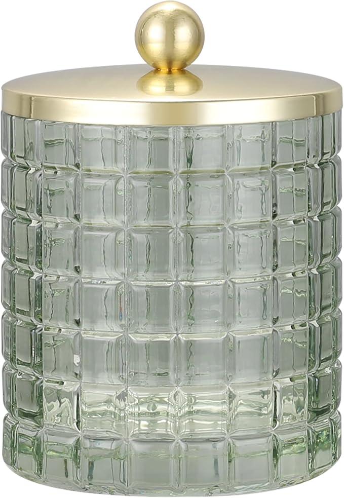 Indecor Home Sage Colored Tranlucent Apothecary Etched Geometric Grid Glass Jar W/Gold Metal Lid Cover for Bathroom Organization, Cotton Balls, Q Tips, and Small Accessories, Bathroom Storage - ModernBath