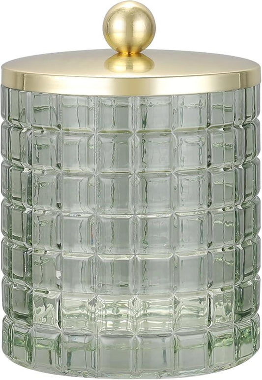 Indecor Home Sage Colored Tranlucent Apothecary Etched Geometric Grid Glass Jar W/Gold Metal Lid Cover for Bathroom Organization, Cotton Balls, Q Tips, and Small Accessories, Bathroom Storage - ModernBath