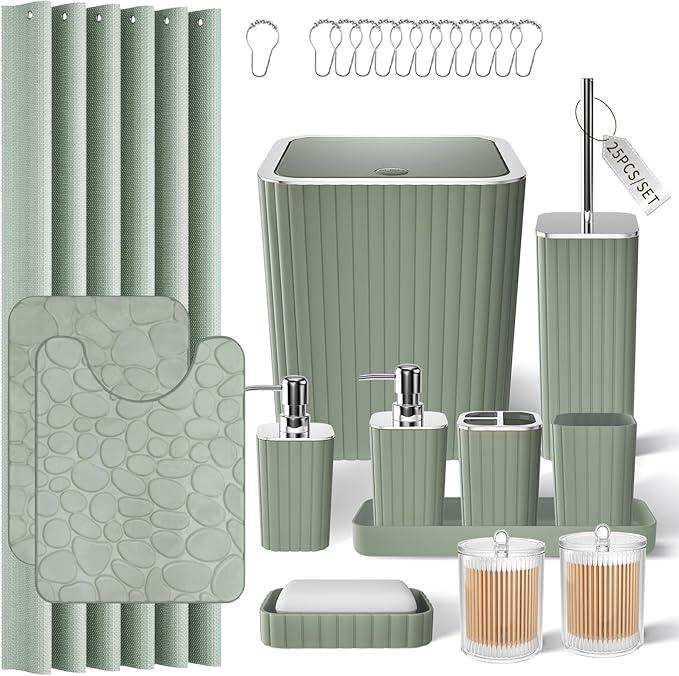 XLHOMO Bathroom Accessories Set - 25PC Sage Bathroom Set, Bathroom Set with Shower Curtain and Rugs, Sage Green Shower Curtain Set, Bathroom Accessory Set, Trash Can & Soap Dispenser - ModernBath