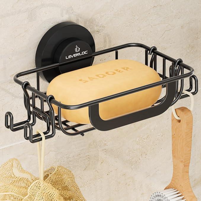 LEVERLOC Soap Holder Dish with Hooks for Shower, Bar Suction Cup Soap Tray Wall Mounted, Rustproof Stainless Steel Sponge Holder Caddy for Bathroom Bathtub Kitchen Sink, Black - ModernBath