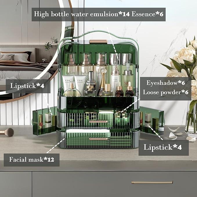 LINFIDITE Cosmetics Storage Box Transparent Lid Large Makeup Organizer Box Drawers Portable Handle Waterproof Dustproof Skincare Display Cases for Countertop, Bathroom, Dresser,Gift Clear Green - ModernBath