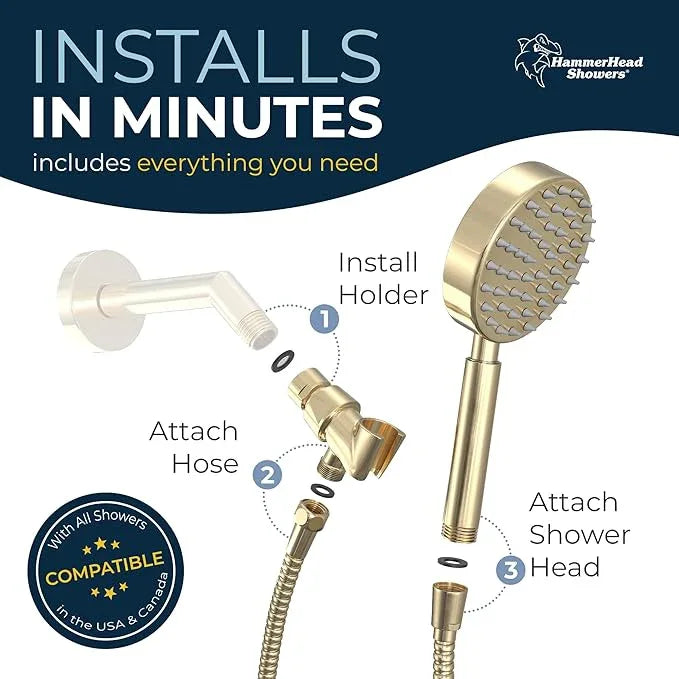 HammerHead Showers® Solid Metal Handheld Shower Head with Hose and Brass Holder - POLISHED BRASS - 2.5 GPM High Pressure Shower Heads with Adjustable Shower Wand Bracket - 6ft Flexible Extension - ModernBath