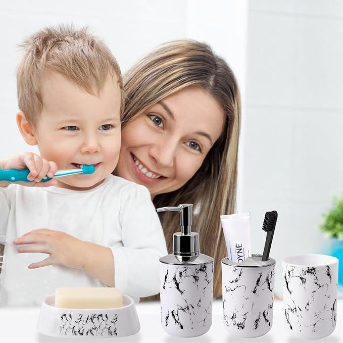 XLHOMO White Marble Bathroom Accessories Set, White Bathroom Set with Trash Can, Vanity Tray, Soap Dispenser, Soap Dish, Toothbrush Holder, Toothbrush Cup, Toilet Brush and Qtip Holders for Bathroom - ModernBath