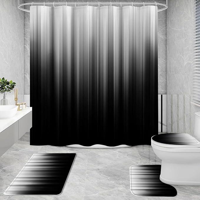Litabel 4 Pcs Grey and Black Gradient Shower Curtain Set with Rugs and Toilet Lid Cover, Modern Simple Waterproof Fabric Bathroom Set, Ombre Stripe Gothic Abstract Bathroom Decor Set Accessories - ModernBath