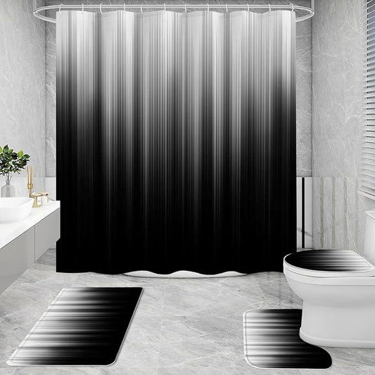Litabel 4 Pcs Grey and Black Gradient Shower Curtain Set with Rugs and Toilet Lid Cover, Modern Simple Waterproof Fabric Bathroom Set, Ombre Stripe Gothic Abstract Bathroom Decor Set Accessories - ModernBath