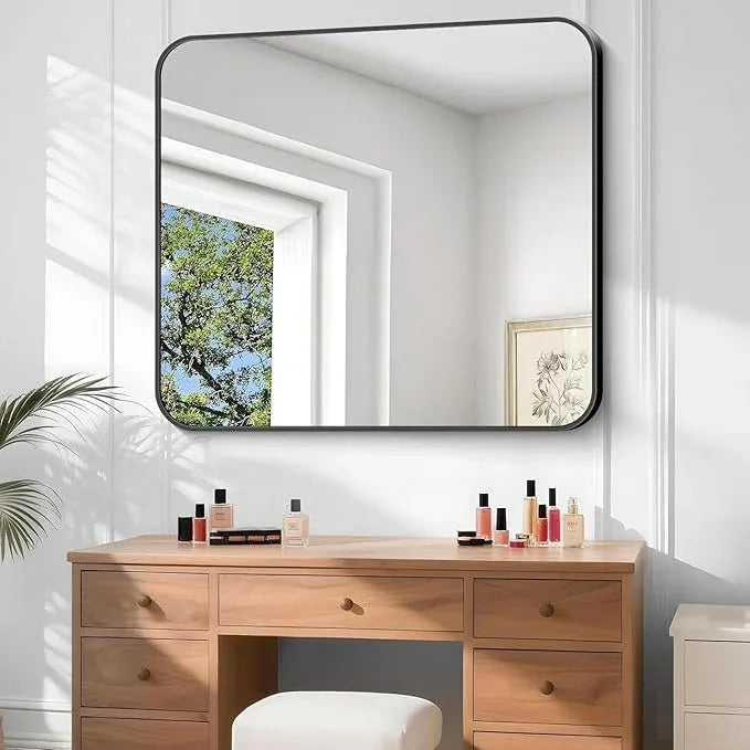 CIVENO Bathroom Mirror, 48 x 40 inch Black Rectangle Wall Mirror, Metal Frame Rectangular Vanity Mirror, Rounded Corner Wall Mounted Mirror for Modern Bedroom Living Room Hangs Horizontal/Vertical - ModernBath