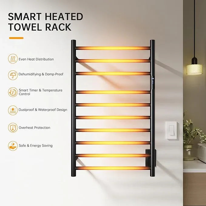 Towel Warmer Rack, Heated Towel Racks for Bathroom, Wall Mounted Towel Warmer, Stainless Steel 10-Bars Drying Rack with Intelligent Touch Screen Timer, Matte Black - ModernBath
