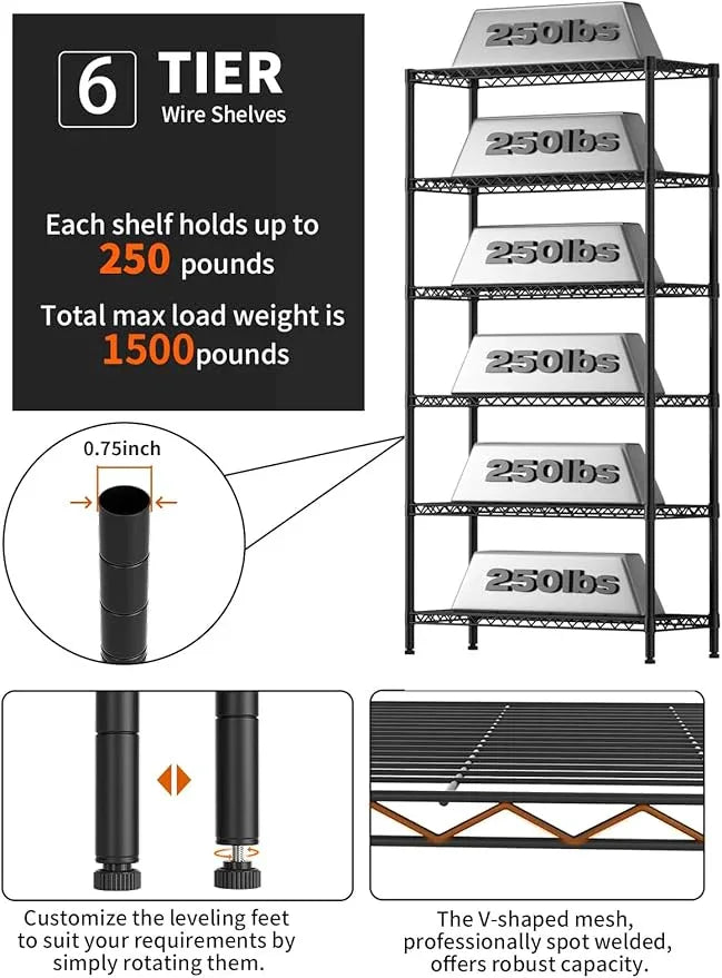 6 Tier Adjustable Storage Shelves,Heavy Duty Metal Utility Shelf 1500LBS Capacity Wire Shelving Unit Organizer Rack for Home Kitchen Pantry Room 14" D x 36" W x 72" H Black - ModernBath