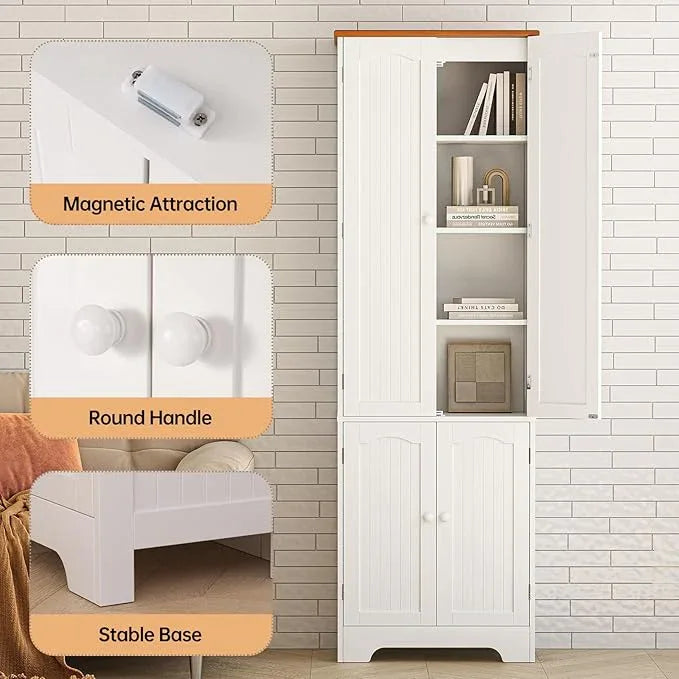 72.2'' Pantry - 4 Door Kitchen Cabinet with Adjustable Shelves, Freestanding Cupboard, Tall Storage Cabinets for Dining Room, Living Room, Laundry, Bathroom, Entryway, White 2Pcs - ModernBath